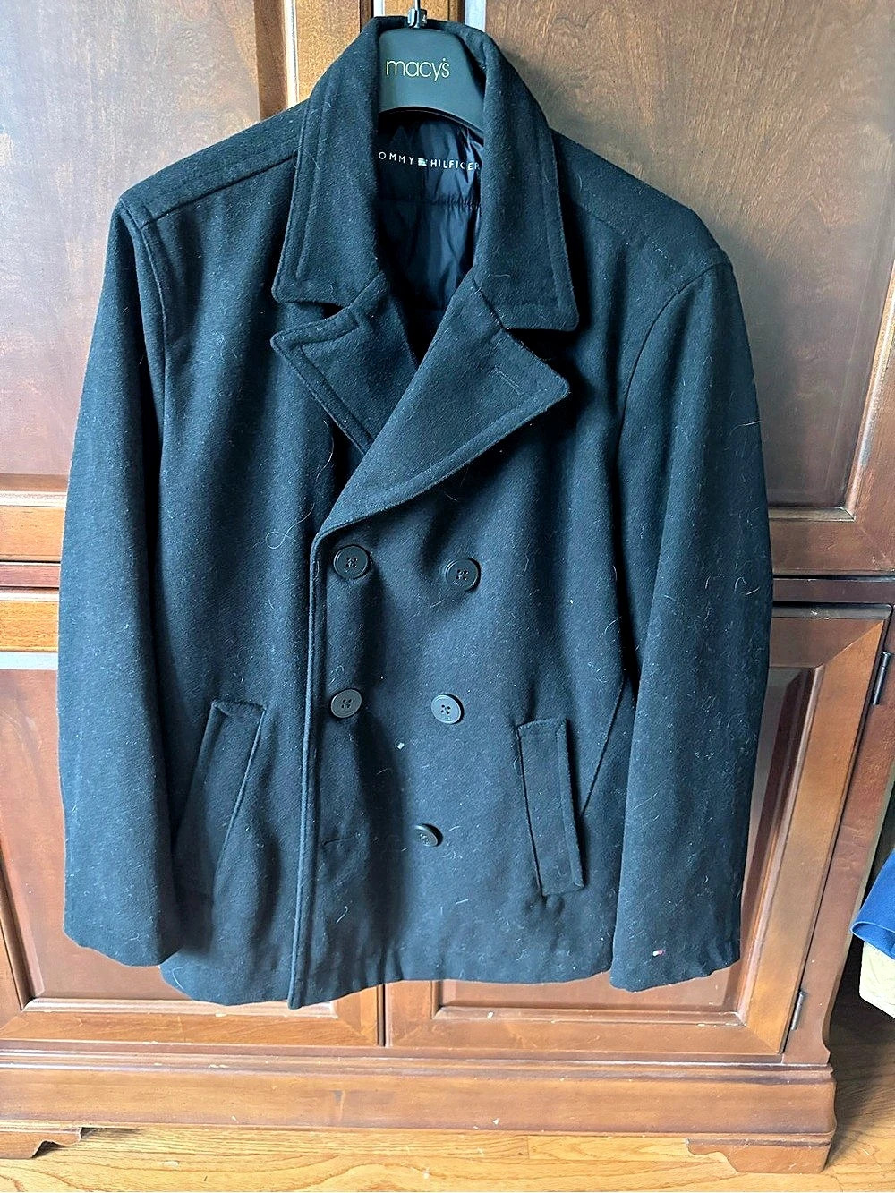 Tommy Hilfiger Men's Double-Breasted Wool Blend Peacoat with Quilted Flag Lining